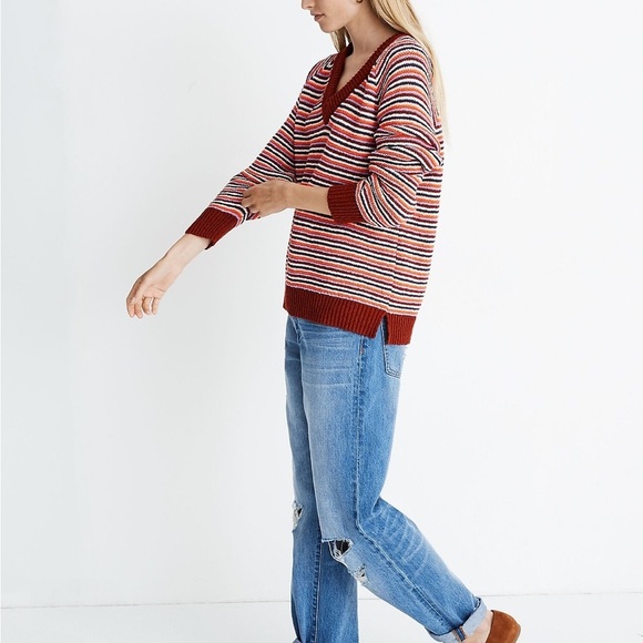 MADEWELL Arden V-Neck Crop Pullover Sweater in Stripe 100% Cotton Size Small - Picture 3 of 12